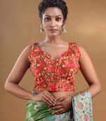 Red Georgette Sleeveless Blouse With Floral Embroidery And Sequins Free Size