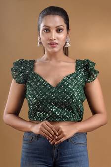 Green Georgette Blouse With Ruffles And Sequins Free Size