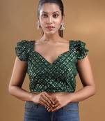Green Georgette Blouse With Ruffles And Sequins Free Size