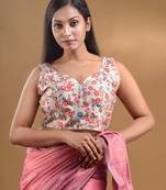 Off White Cotton Blend Sleeveless Blouse With Floral Print And Zari Embroidery Free Size