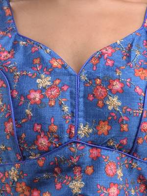 Blue Cotton Blend Sleeveless Blouse With Floral Print And Zari Embroidery Free Size 2