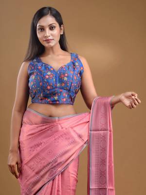 Blue Cotton Blend Sleeveless Blouse With Floral Print And Zari Embroidery Free Size 5
