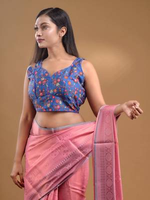 Blue Cotton Blend Sleeveless Blouse With Floral Print And Zari Embroidery Free Size 6