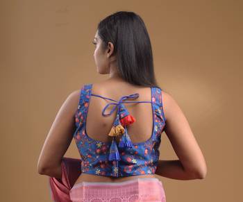 Blue Cotton Blend Sleeveless Blouse With Floral Print And Zari Embroidery Free Size 7