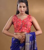 Red Cotton Blend Sleeveless Blouse With Floral Print And Zari Embroidery Free Size