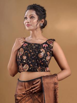 Black Georgette Blouse With Floral And Paisley Embroidery Free Size 2