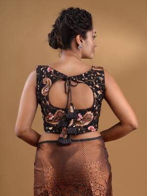 Black Georgette Blouse With Floral And Paisley Embroidery Free Size 4