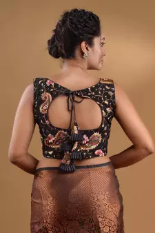 Black Georgette Blouse With Floral And Paisley Embroidery Free Size