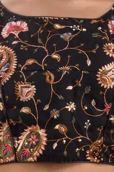 Black Georgette Blouse With Floral And Paisley Embroidery Free Size