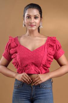 Pink Hakoba Cotton Blouse With Ruffles Free Size