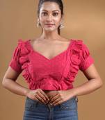 Pink Hakoba Cotton Blouse With Ruffles Free Size