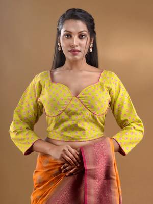 Yellow Cotton Blouse With Floral Print Free Size 1