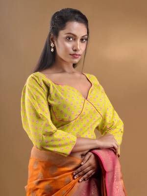 Yellow Cotton Blouse With Floral Print Free Size 3