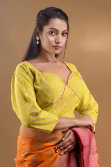 Yellow Cotton Blouse With Floral Print Free Size