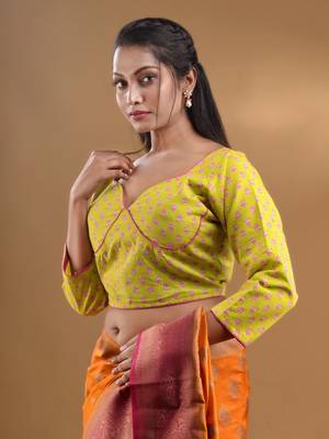Yellow Cotton Blouse With Floral Print Free Size 4
