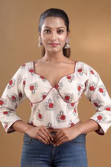White Cotton Blouse With Elephant Print Free Size