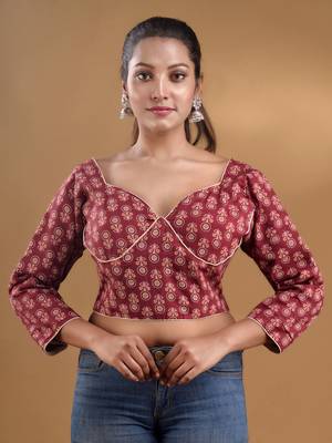 Maroon Cotton Blouse With Floral Print Free Size 1