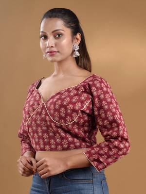 Maroon Cotton Blouse With Floral Print Free Size 2
