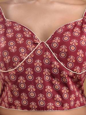 Maroon Cotton Blouse With Floral Print Free Size 3