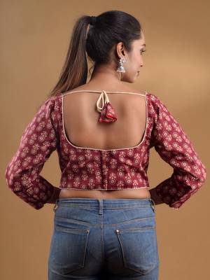 Maroon Cotton Blouse With Floral Print Free Size 5