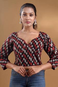 Black Cotton Blouse With Ikkat Patterns Free Size