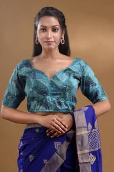 Blue Chinon Blouse With Geometric Print And Sequins Free Size