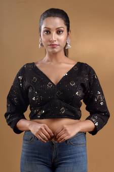 Black Georgette Blouse With Embroidered Designs And Sequins Free Size