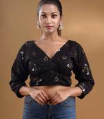 Black Georgette Blouse With Embroidered Designs And Sequins Free Size