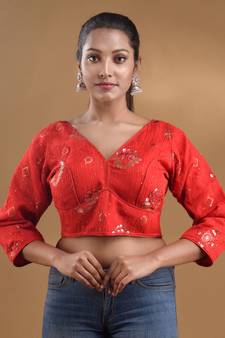 Red Georgette Blouse With Embroidered Designs And Sequins Free Size