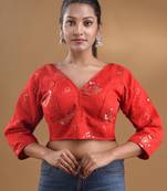 Red Georgette Blouse With Embroidered Designs And Sequins Free Size