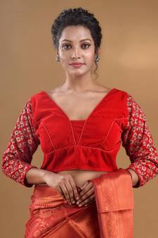 Red Velvet Blouse With Sequined Sleeves Free Size