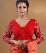 Red Velvet Blouse With Sequined Sleeves Free Size