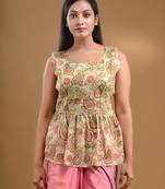 Sage Green Georgette Sleeveless Peplum Blouse With Floral And Paisley Printed Free Size