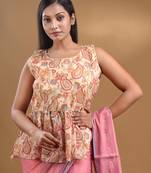 Off White Georgette Sleeveless Peplum Blouse With Floral And Paisley Printed Free Size