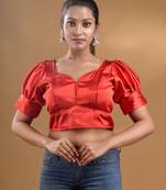 Red Blended Silk Solid Blouse With Puff Sleeves Free Size