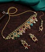 Multi Coloured Gold Toned Kundan Jewellery Set For Bride To Be