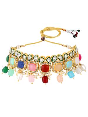 Multi Coloured Gold Toned Kundan Jewellery Set For Bride To Be 4