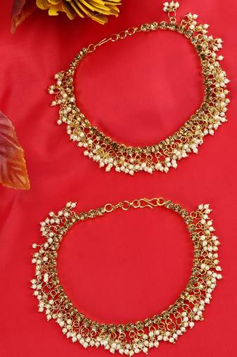 Styylo Fashion Gold Plated Designer Kundan Anklet for Bridals Women And Girls-Onesize-Off White