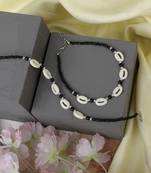 Styylo Fashion Set of 2 White Sea Shell and Black Beaded Handcrafted Anklets