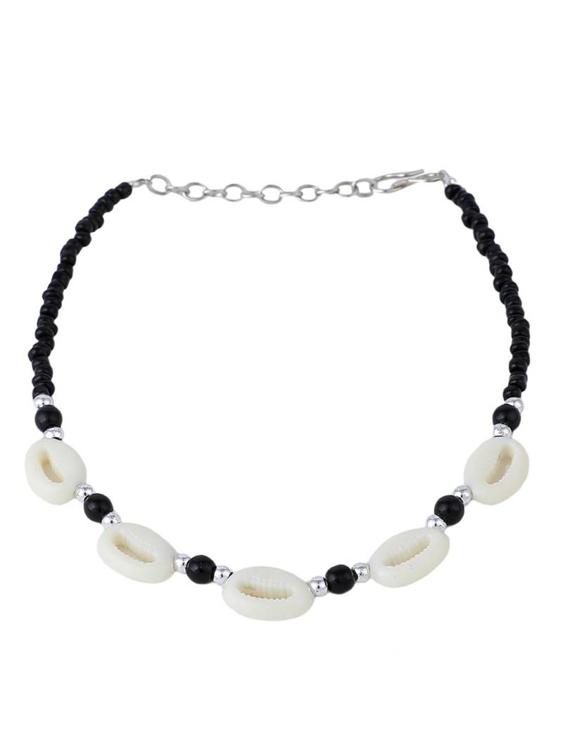 Styylo Fashion Set of 2 White Sea Shell and Black Beaded Handcrafted Anklets