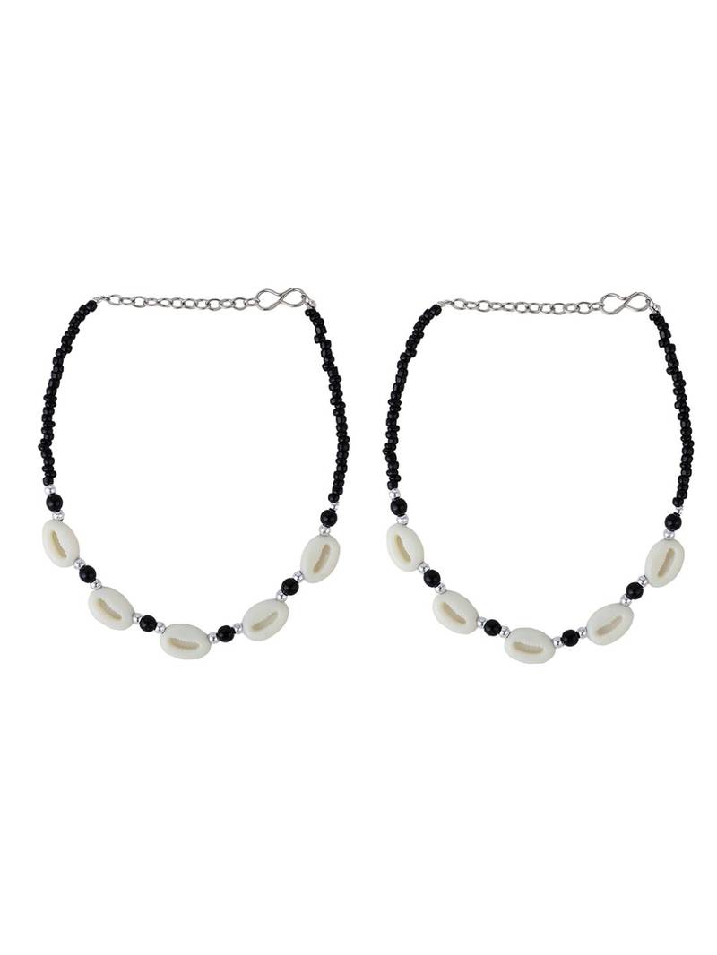 Styylo Fashion Set of 2 White Sea Shell and Black Beaded Handcrafted Anklets
