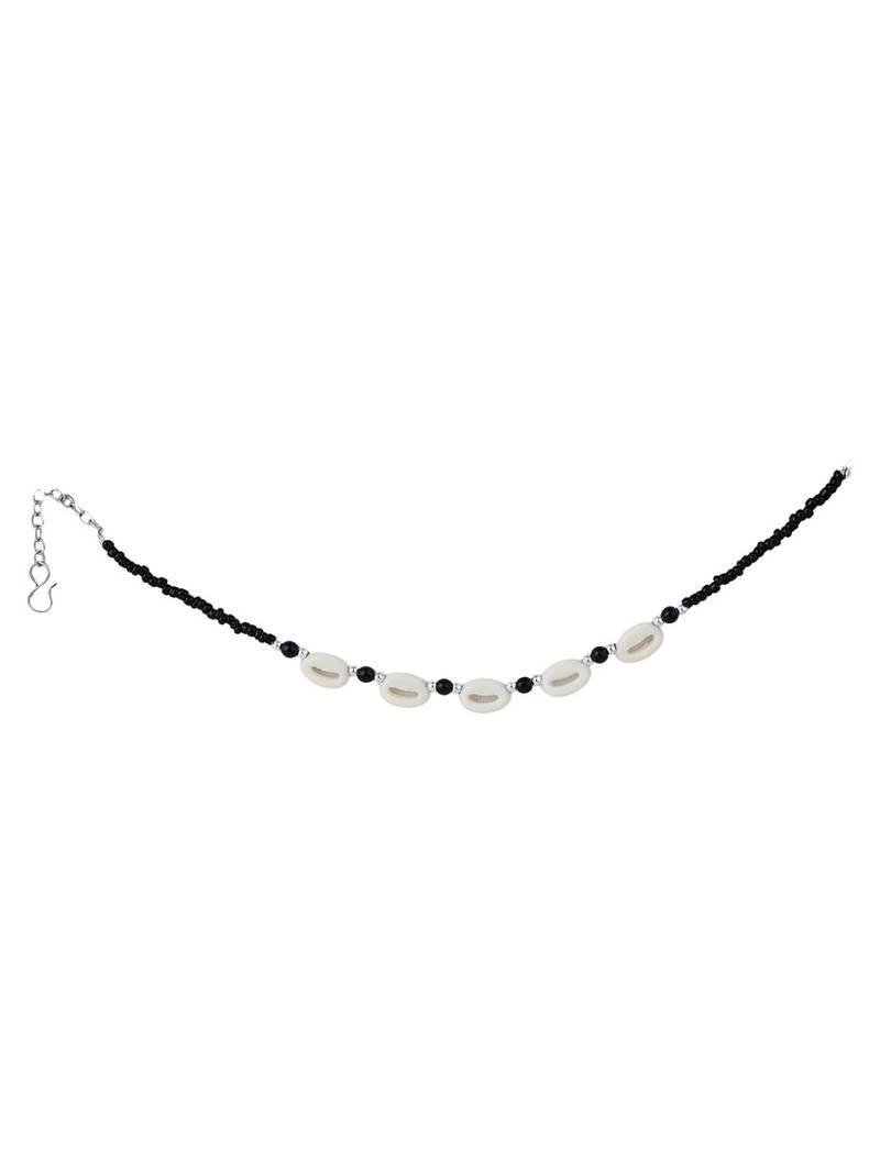 Styylo Fashion Set of 2 White Sea Shell and Black Beaded Handcrafted Anklets