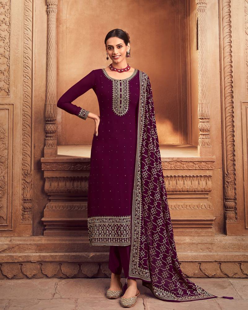 Dark-magenta embroidered georgette salwar