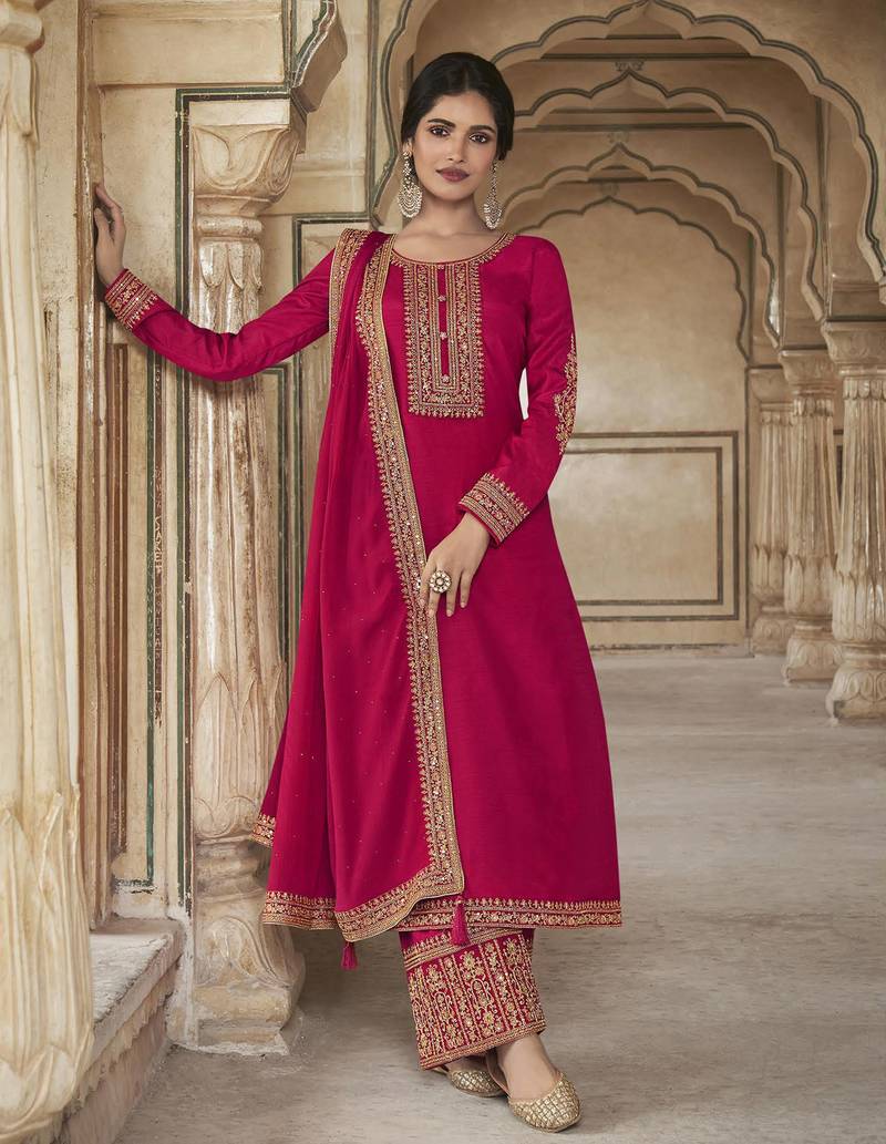 Rani-pink embroidered silk salwar
