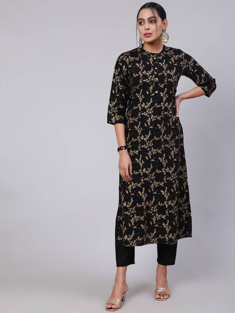Black Printed Cotton Kurta Set