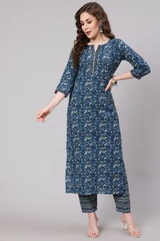 Blue Printed Cotton Kurta Set