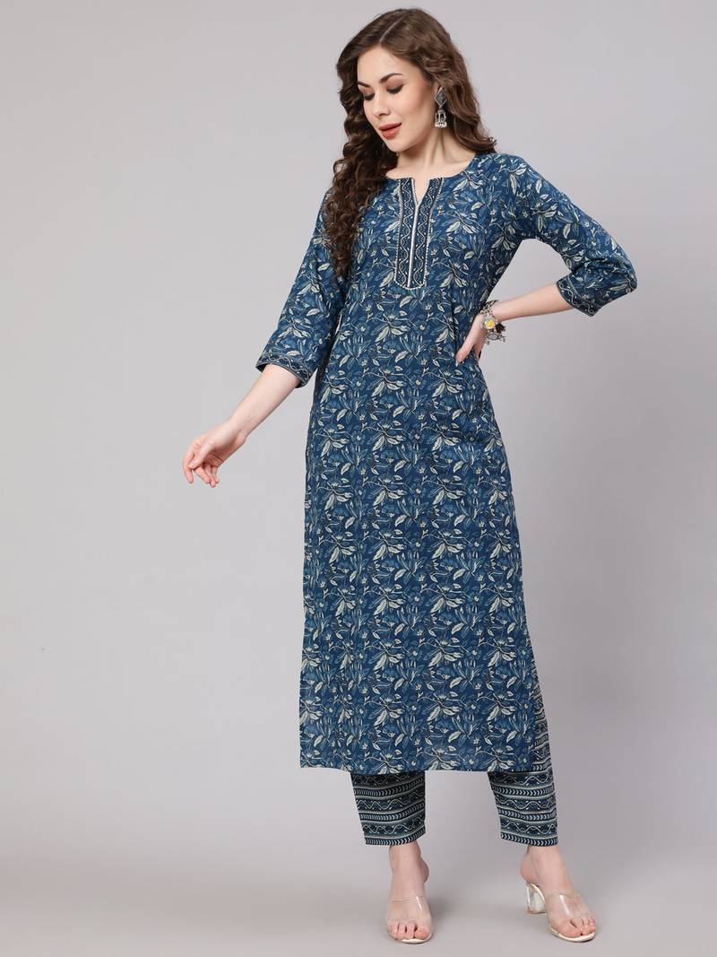 Blue Printed Cotton Kurta Set