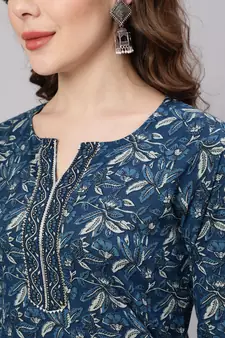Blue Printed Cotton Kurta Set