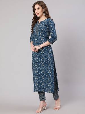 Blue Printed Cotton Kurta Set 4