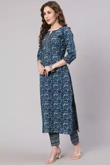 Blue Printed Cotton Kurta Set